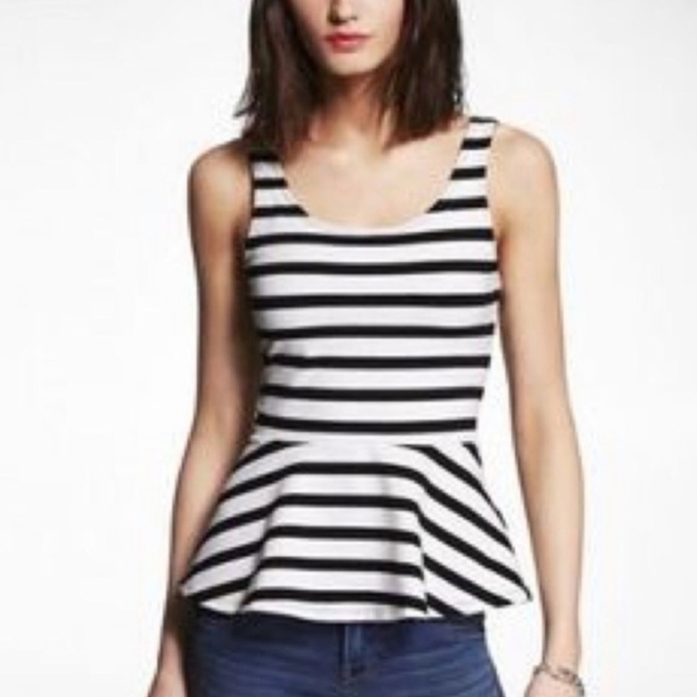 Vintage Y2K 90s Express Peplum Babydoll Tank Top Black White Stripe Zipper S NWT